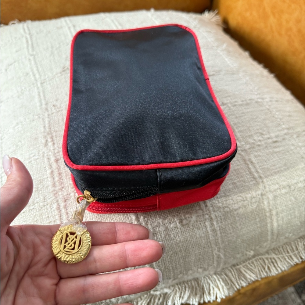 YSL Beautu vintage makeup bag- Black and Red Zip Pouch with Gold Medallion Charm - Picture 7 of 9